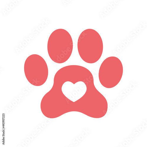Dog paw print with heart inside it. Pet care and domestic animals owner love concept. Vector flat illustration.