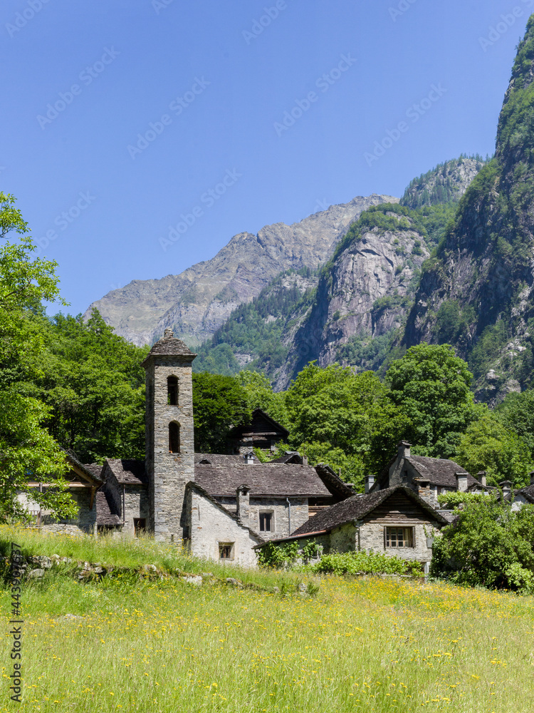 The idyllic Alps mountain village Foroglio in the Italian-speaking canton Ticino, Switzerland The idyllic Alps mountain village Foroglio in the Italian-speaking canton Ticino, Switzerland