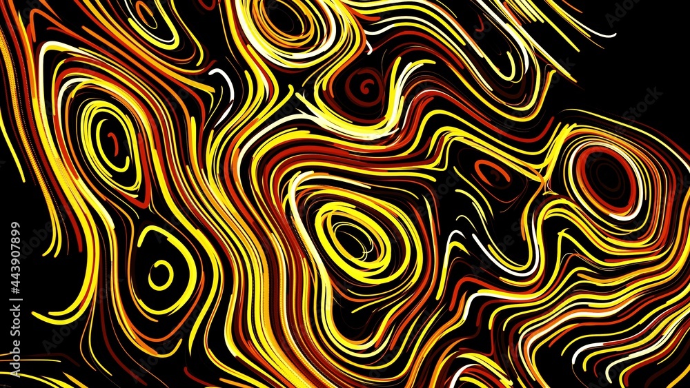 Abstract creative bg with curled lines like yellow trails on surface. Lines form swirling pattern like curle noise. Abstract 3d bright creative festive bg. 3d render