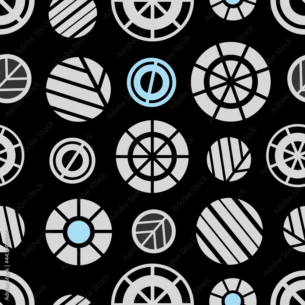 Very light gray circles with striped elements and blue shapes on a black background. Seamless geometry abstract pattern. Suitable for textile, wallpaper, packaging. Very light gray circles with striped elements and blue shapes on a black background. Seamless geometry abstract pattern. Suitable for textile, wallpaper, packaging.