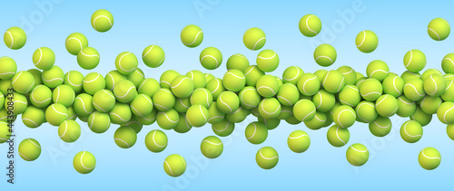 Many tennis balls flying on blue background. Realistic vector background