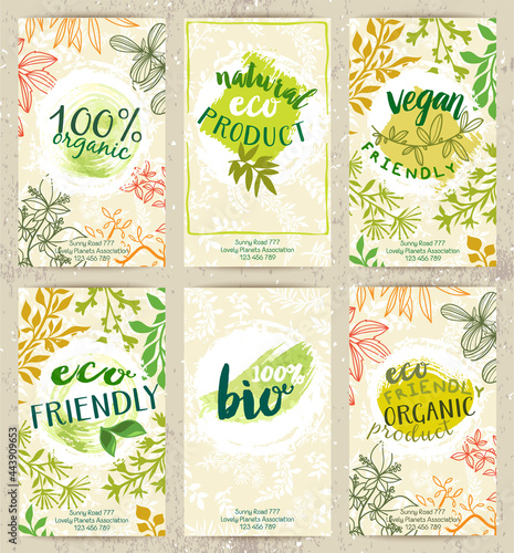 Vector set of eco friendly food labels on the stylish brochures. Packaging tags with fancy cards designs for bio, healthy products. Fresh ecological posters.
