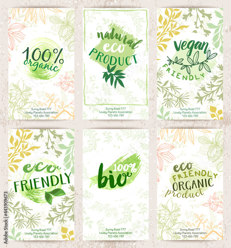 Vector set of eco friendly food labels on the stylish brochures. Packaging tags with fancy cards designs for bio, healthy products. Fresh ecological posters.