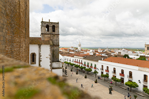 Aerial photo of the castle square in Olivenza, Spain with white houses in the background photo
