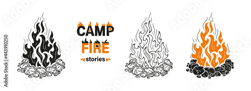 Campfire Stories. Bonfire Fenced with Stones. Fire Flame and Stone Border. Vector Set of Outline and Silhouettes Drawing