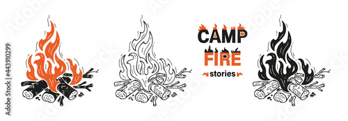 Wood Campfires and Campfire Stories inscription. Outdoor Bonfire. Fire Flames and Wooden Logs. Burning Firewood or Fireplace Vector Set of Outline and Silhouettes Drawing