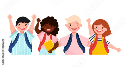 Back to school concept. Group of smiling multicultural pupils with backpacks. Happy kids characters. Flat cartoon style vector illustration.