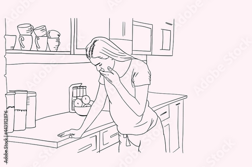 Pregnant woman feeling nauseous in the kitchen. Images are suitable for use as illustrations or supporting health articles