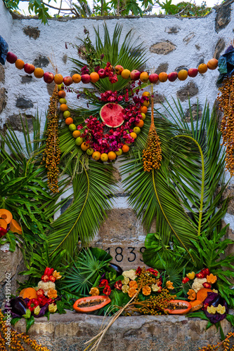 Water fountains decorated with vegetables and fruit Fountains and water fountains in Puerto de la Cruz are decorated with flowers, fruits and vegetables for the sun festivals on June 22. 