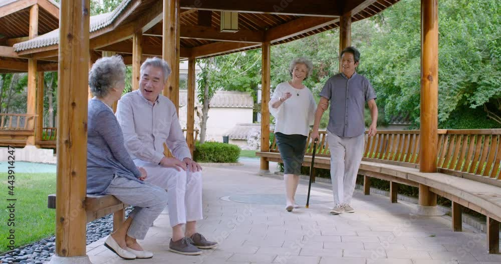 Senior friends talking in pavilion,4K Senior friends talking in pavilion,4K
