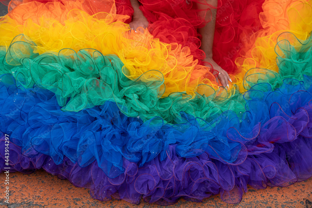 rainbow colored dress, symbol of the gay community, at Bogota, Colombia, Sunday, July 4, 2021 during gay pride.
