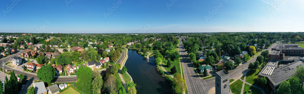 Aerial panorama of Wellington Park in Simcoe, Ontario, Canada