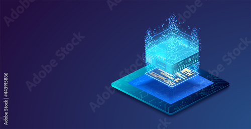 Isometric banner of the ICO concept. A farm for bitcoin mining. Big data processing, a database concept. For web design, banner and presentation. Blockchain cryptocurrency technology isometric concept