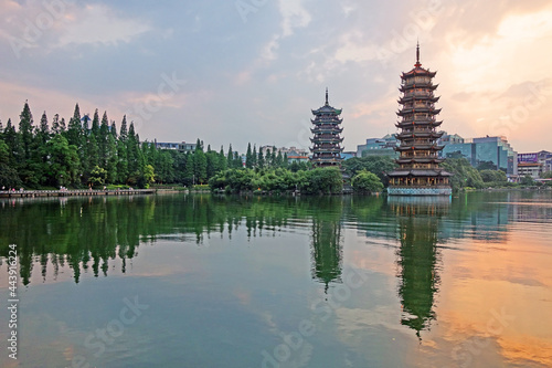 Moon and Sun Pagoda of Guilin city, Guangxi province, China.