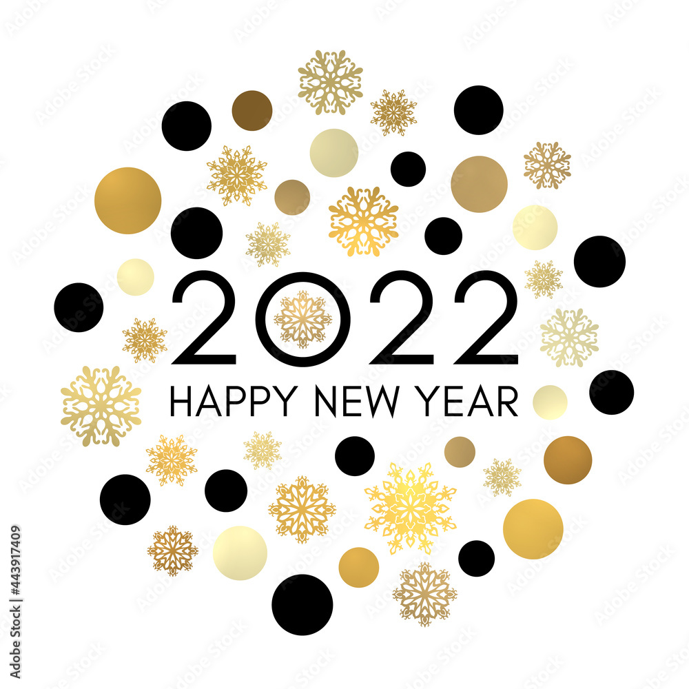 Obraz premium Happy New Year 2022 circle concept. Greeting card design on white background. Black celebration text in frame of gold circles snowflakes. Golden flyer banner calendar party decoration. Bright vector.