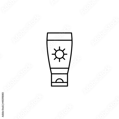 Lotion sunblock icon, sunscreen icon in flat black line style, isolated on white background 