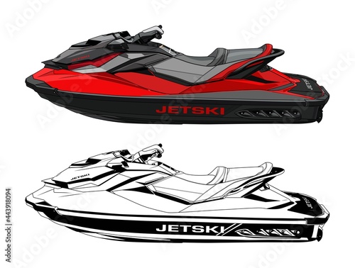 Jet Ski  vector , jetski  red, isolated on white background, black and white realistic vector illustration