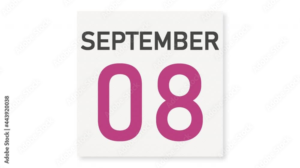 September 8 date behind crumpled paper page of a calendar, 3d animation