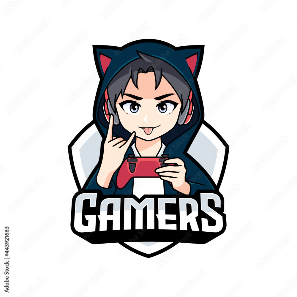 Fototapeta premium Gamer anime boy with character with rock hand sign mascot esport logo