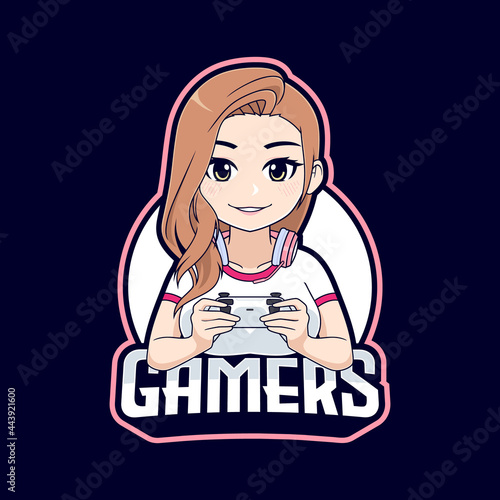 Cute gamer girl cartoon character mascot logo