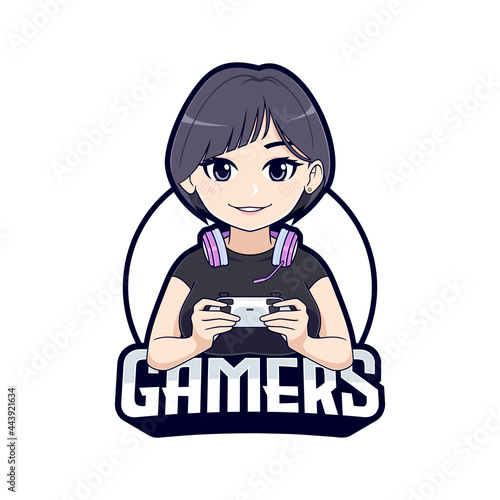 Cute short hair gamer girl cartoon character mascot logo