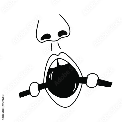 Gag in woman's mouth. Adult sexual toy. Bdsm accessory vector illustration.