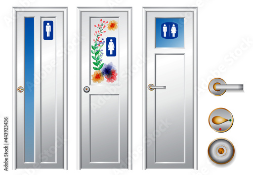 set of realistic toilet closet isolated or detailed toilet door in public area or public toilet restroom with man and woman sign or lavatory wc concept. eps vector
