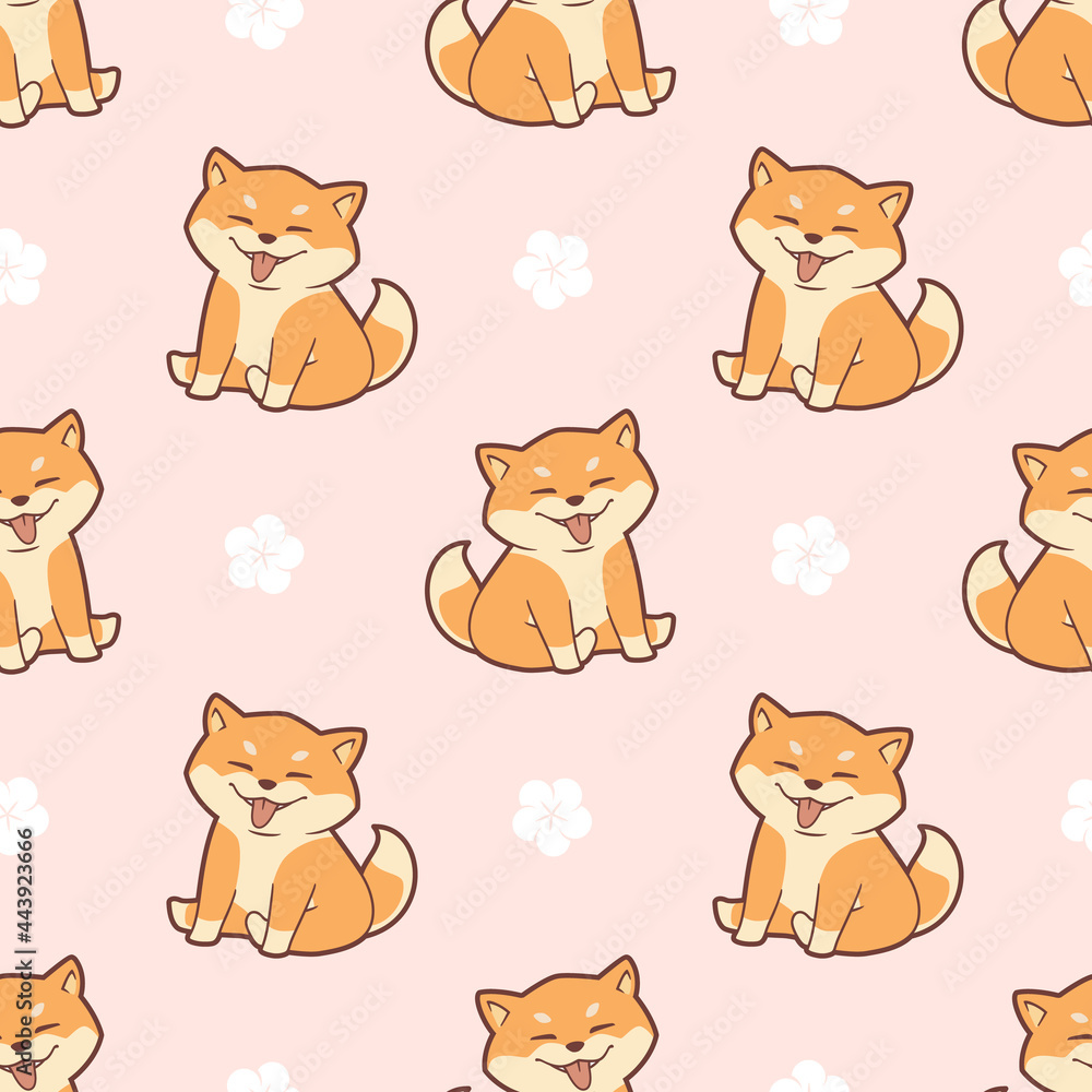 Seamless pattern of cute shiba inu dog and sakura flowers