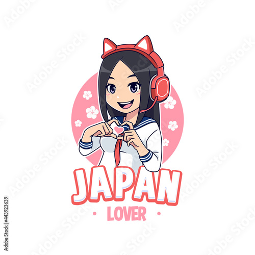 Kawaii japan lover mascot logo cartoon girl. suitable for podcast, blogger, vlogger or streamer