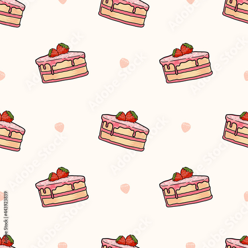 Hand drawn sweet strawberry cake seamless pattern