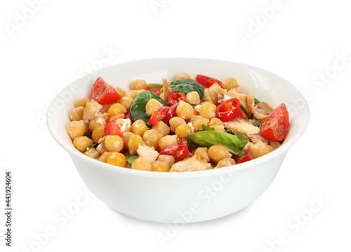 Bowl with delicious fresh chickpea salad isolated on white