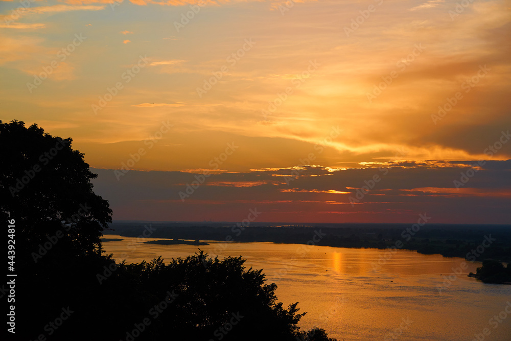 Colorful sunset on the Volga River in Nizhny Novgorod, Russia.