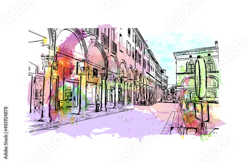 Building view with landmark of Imola is the 
city in Italy. Watercolor splash with hand drawn sketch illustration in vector.