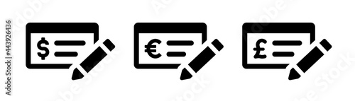 Bank check icon set. Cheque vector illustration.