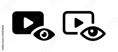 Eye with video player icon. Views, viewer, spectator icon set in black and white design.