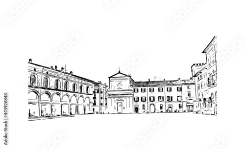 Building view with landmark of Imola is the 
city in Italy. Hand drawn sketch illustration in vector.