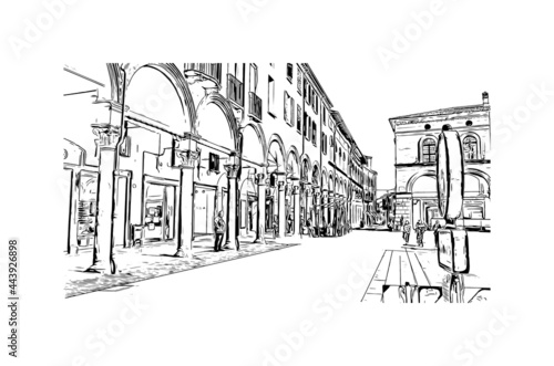 Building view with landmark of Imola is the 
city in Italy. Hand drawn sketch illustration in vector.