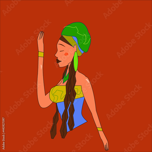 Mujer áfrica con rasgos culturales expresando felicidad y paz en un fondo rojo