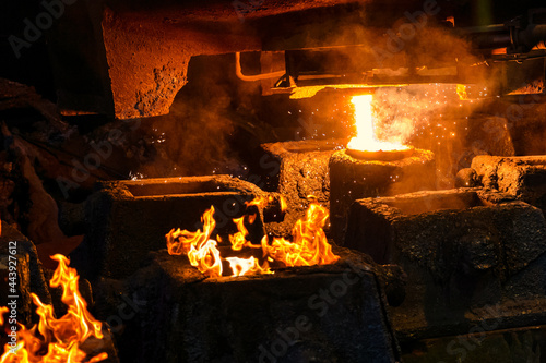 Casting liquid steel into molds. Steel plant