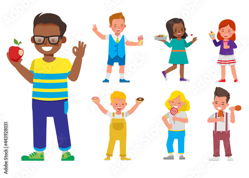 Set of children eating character vector design.