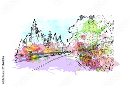 Building view with landmark of Imperia is the 
city in Italy. Watercolor splash with hand drawn sketch illustration in vector.