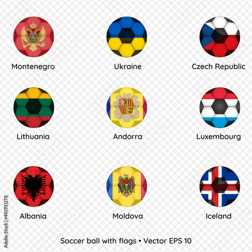 Soccer ball with flags isolated on transparent background, vector illustration