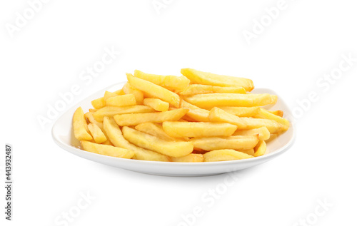Yummy golden French fries on white background