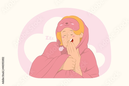Young sleepy girl wrap covered under blanket duvet yawning concept
