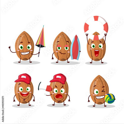 Happy Face almond cartoon character playing on a beach