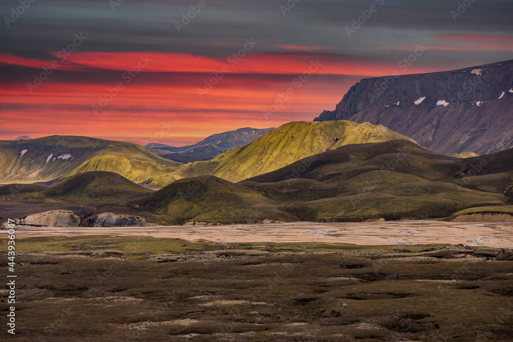 Landscape view of Landmannalaugar colorful mountains and glacier, Iceland