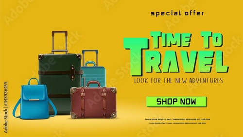 Vector travel banner. Summer trip time to travel concept background with luggage. 
