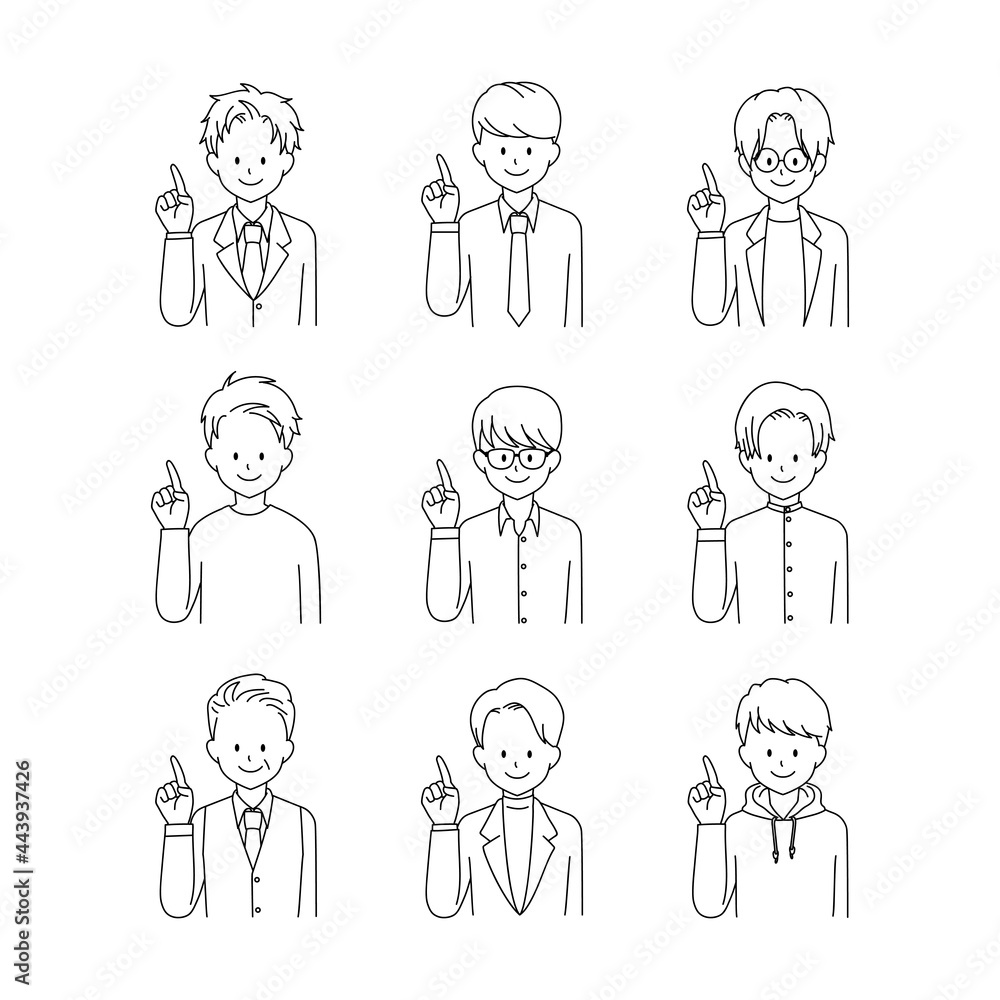 Men's pointing line drawing illustration set Men's pointing line drawing illustration set