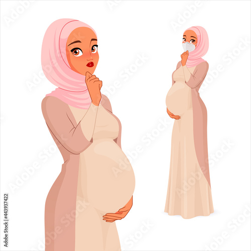 Pondered pregnant Muslim woman with hand on her chin. Vector character.