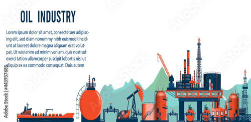 Gas & oil industry extraction platform Banner with Outbuildings, Oil storage tank. Poster Brochure Flyer Design, Vector Illustration EPS10